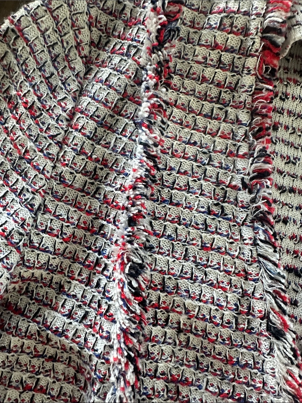 St. John Textured Knit Fringe Trim Jacket White Red Blue Novelty Weave Blazer - Picture 10 of 11